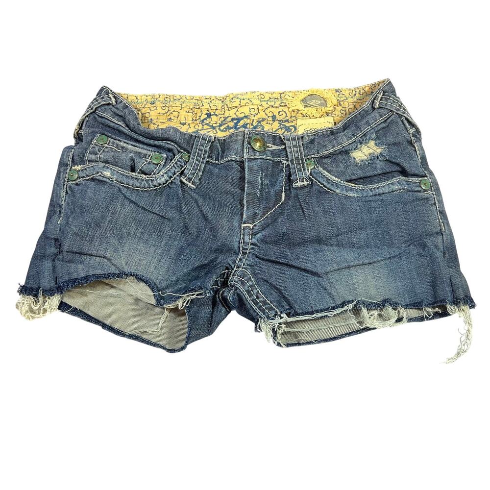 Stitch's Chekore Denim Shorts Women 25 Blue Distressed Low Rise Cutoff Stretch